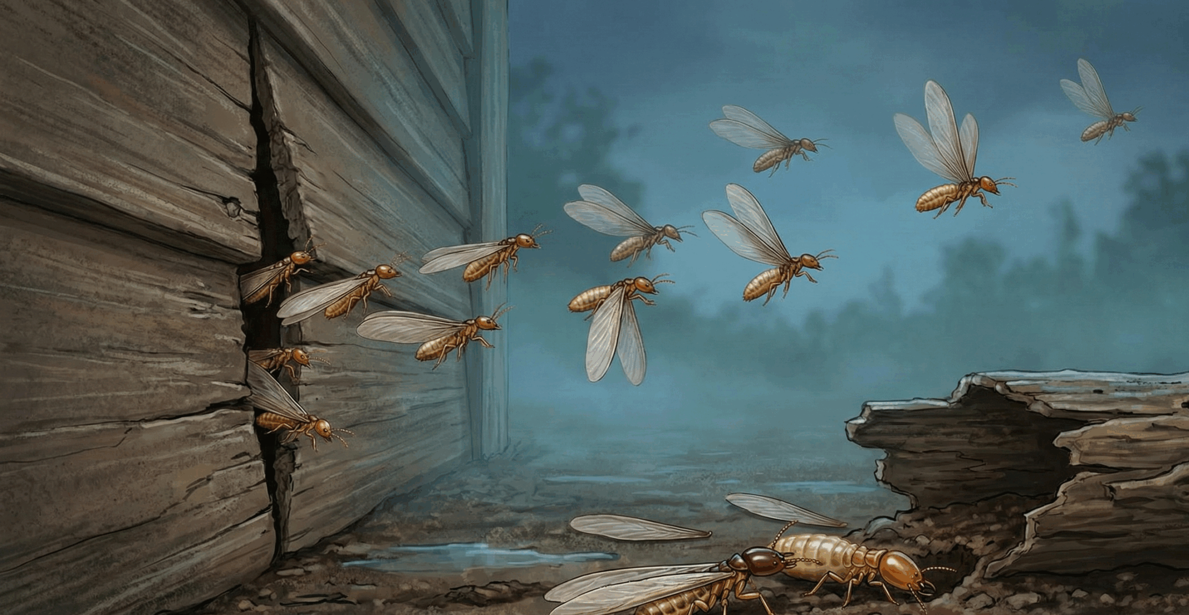 ภาพนี้แสดงเหตุการณ์การบินอพยพของปลวกมีปีก และคู่ปลวกที่กำลังเริ่มสร้างรังใหม่