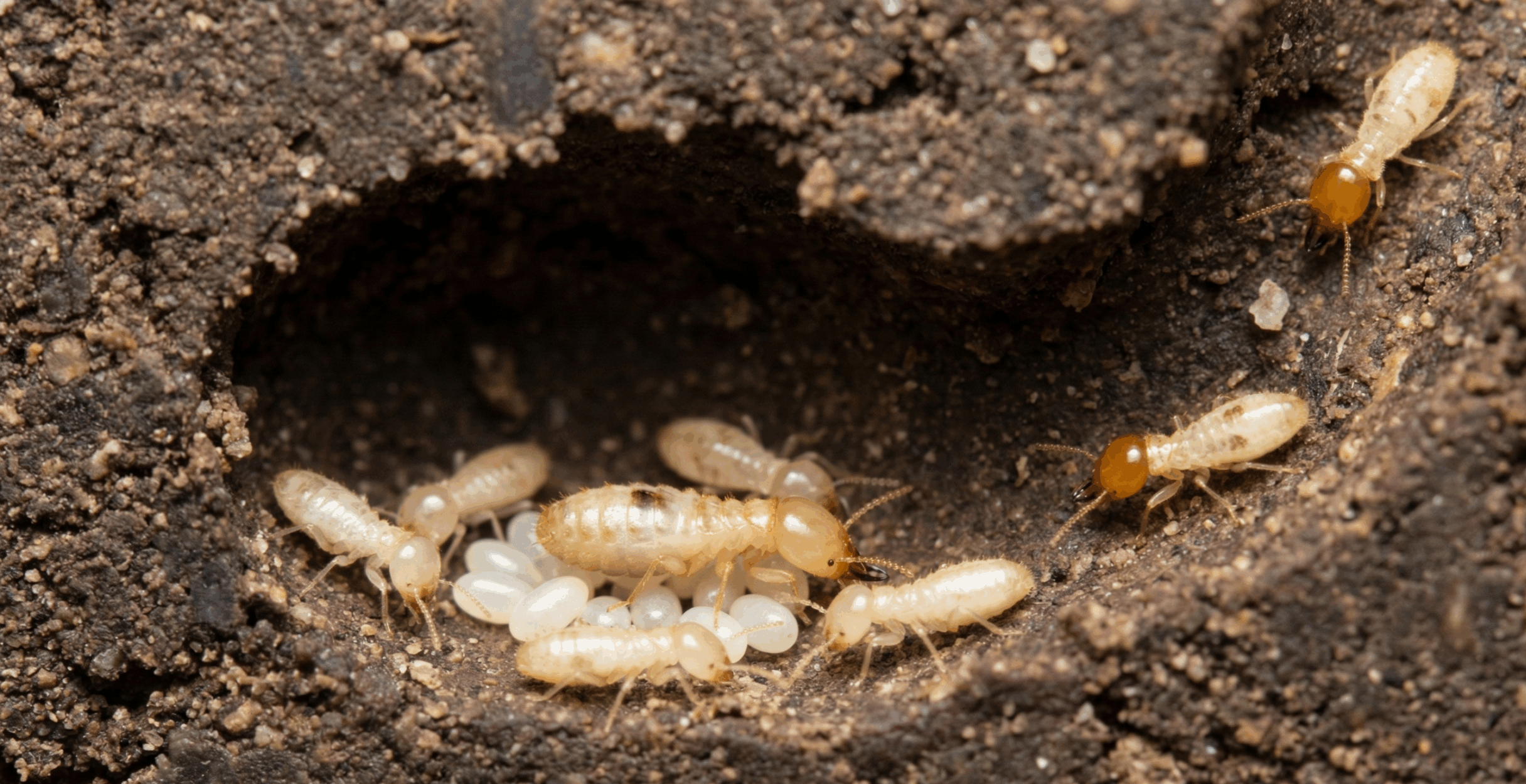 ภาพด้านล่างแสดงระยะเริ่มต้นของรังปลวกที่มีไข่และตัวอ่อนที่กำลังได้รับการดูแล