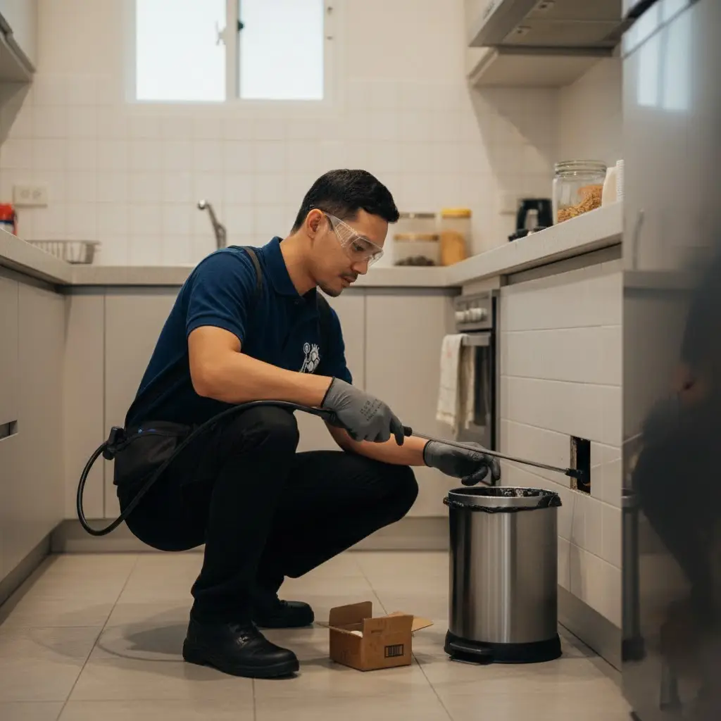 Pest control worker in kitchen.